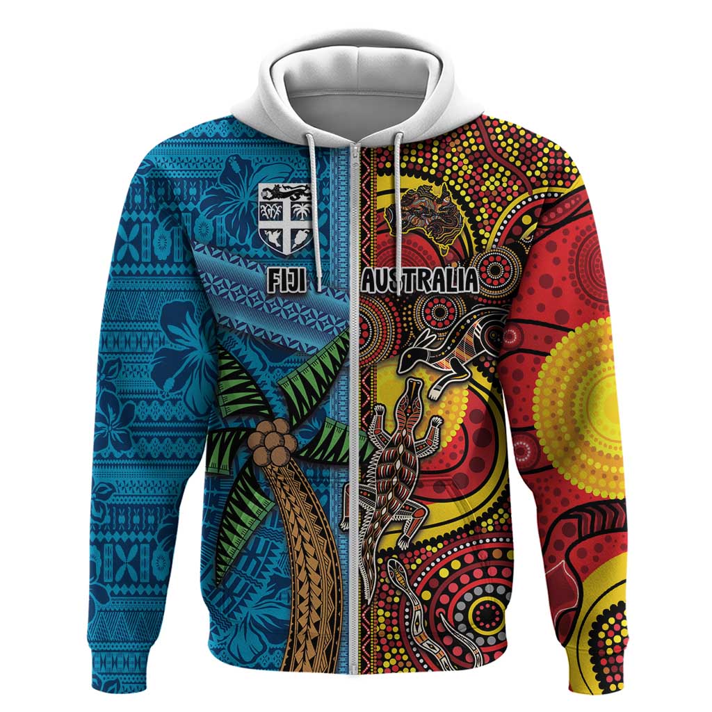 Personalised Australia and Fiji Together Zip Hoodie Tribal Palm Tree with Tapa and Aboriginal Animals Half Style