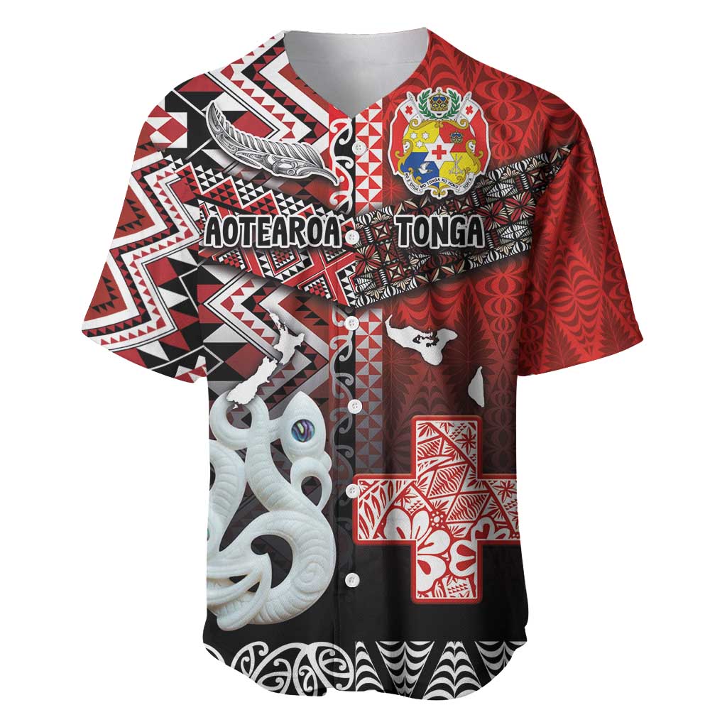Personalised Aotearoa and Tonga Together Baseball Jersey Manaia and Tongan Tribal Cross - Taniko and Ngatu Art Tattoo LT03 Red - Polynesian Pride