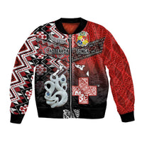 Personalised Aotearoa and Tonga Together Bomber Jacket Manaia and Tongan Tribal Cross - Taniko and Ngatu Art Tattoo