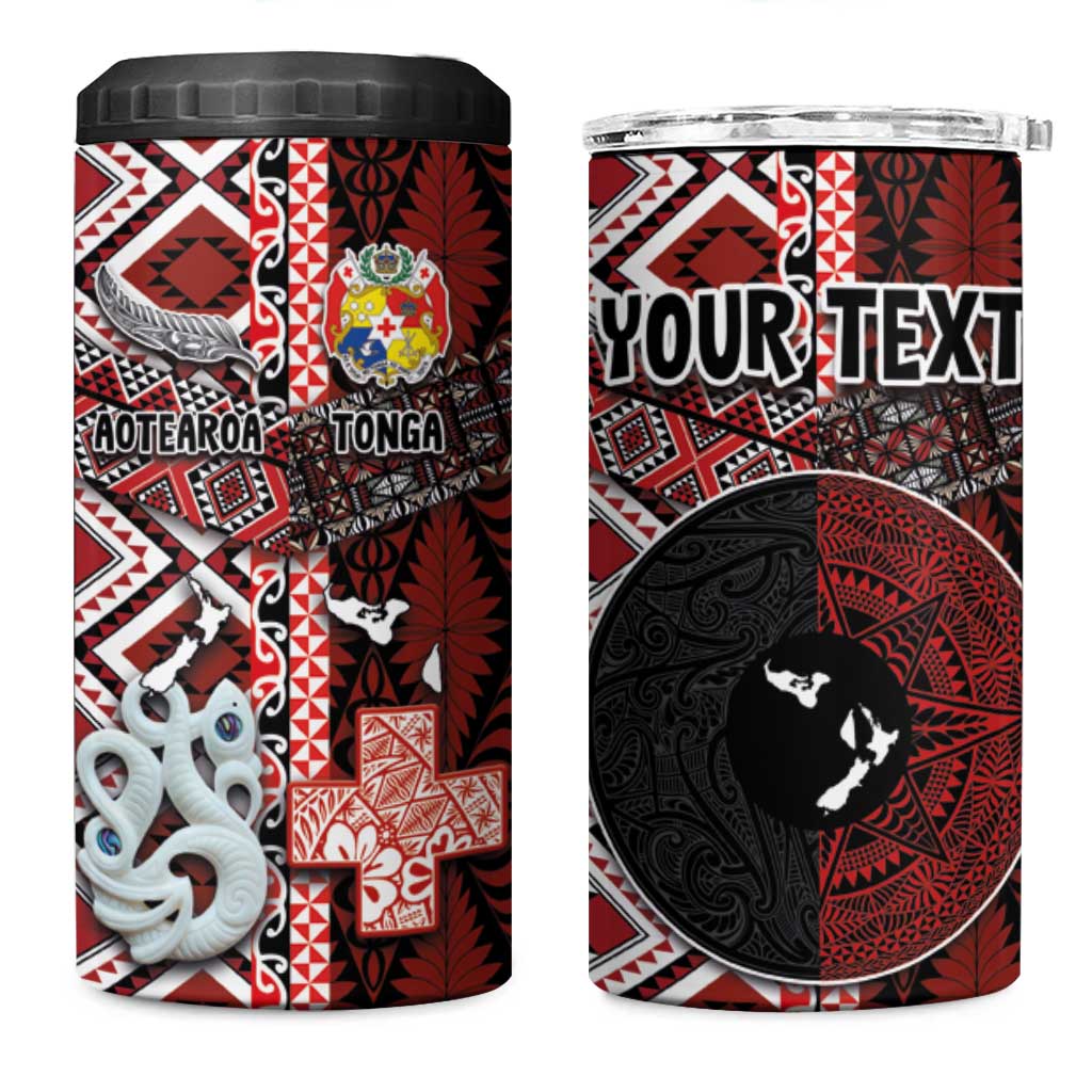 Personalised Aotearoa and Tonga Together 4 in 1 Can Cooler Tumbler Manaia and Tongan Tribal Cross - Taniko and Ngatu Art Tattoo
