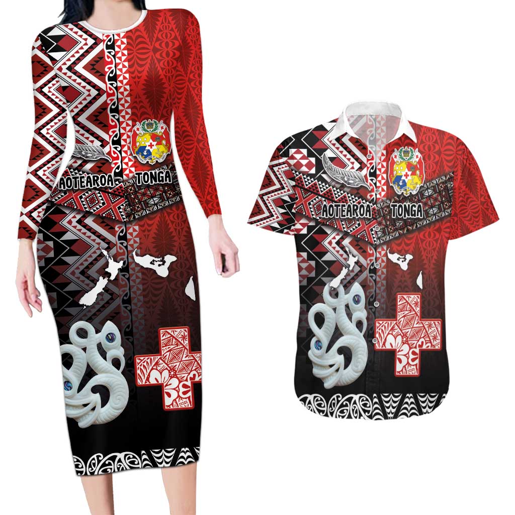 Personalised Aotearoa and Tonga Together Couples Matching Long Sleeve Bodycon Dress and Hawaiian Shirt Manaia and Tongan Tribal Cross - Taniko and Ngatu Art Tattoo LT03 Red - Polynesian Pride