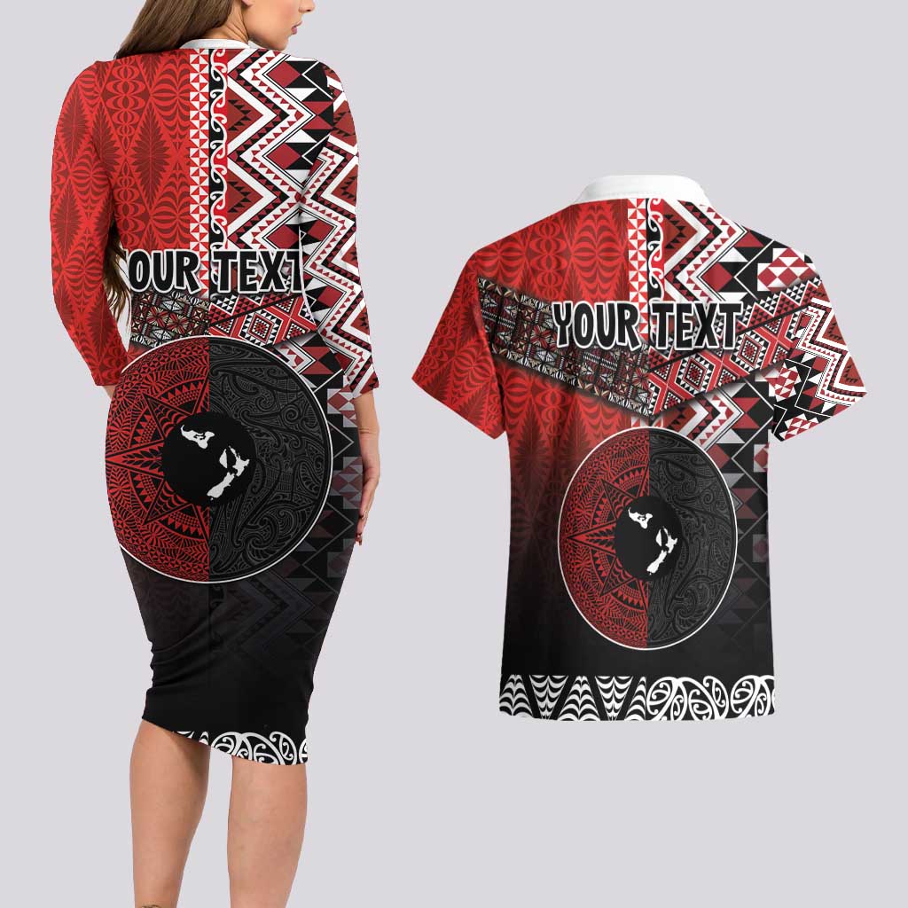 Personalised Aotearoa and Tonga Together Couples Matching Long Sleeve Bodycon Dress and Hawaiian Shirt Manaia and Tongan Tribal Cross - Taniko and Ngatu Art Tattoo LT03 - Polynesian Pride