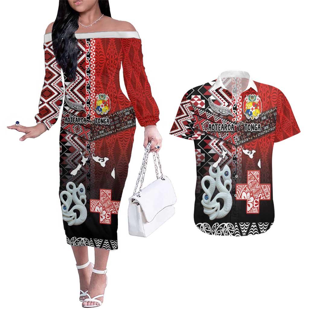 Personalised Aotearoa and Tonga Together Couples Matching Off The Shoulder Long Sleeve Dress and Hawaiian Shirt Manaia and Tongan Tribal Cross - Taniko and Ngatu Art Tattoo LT03 Red - Polynesian Pride