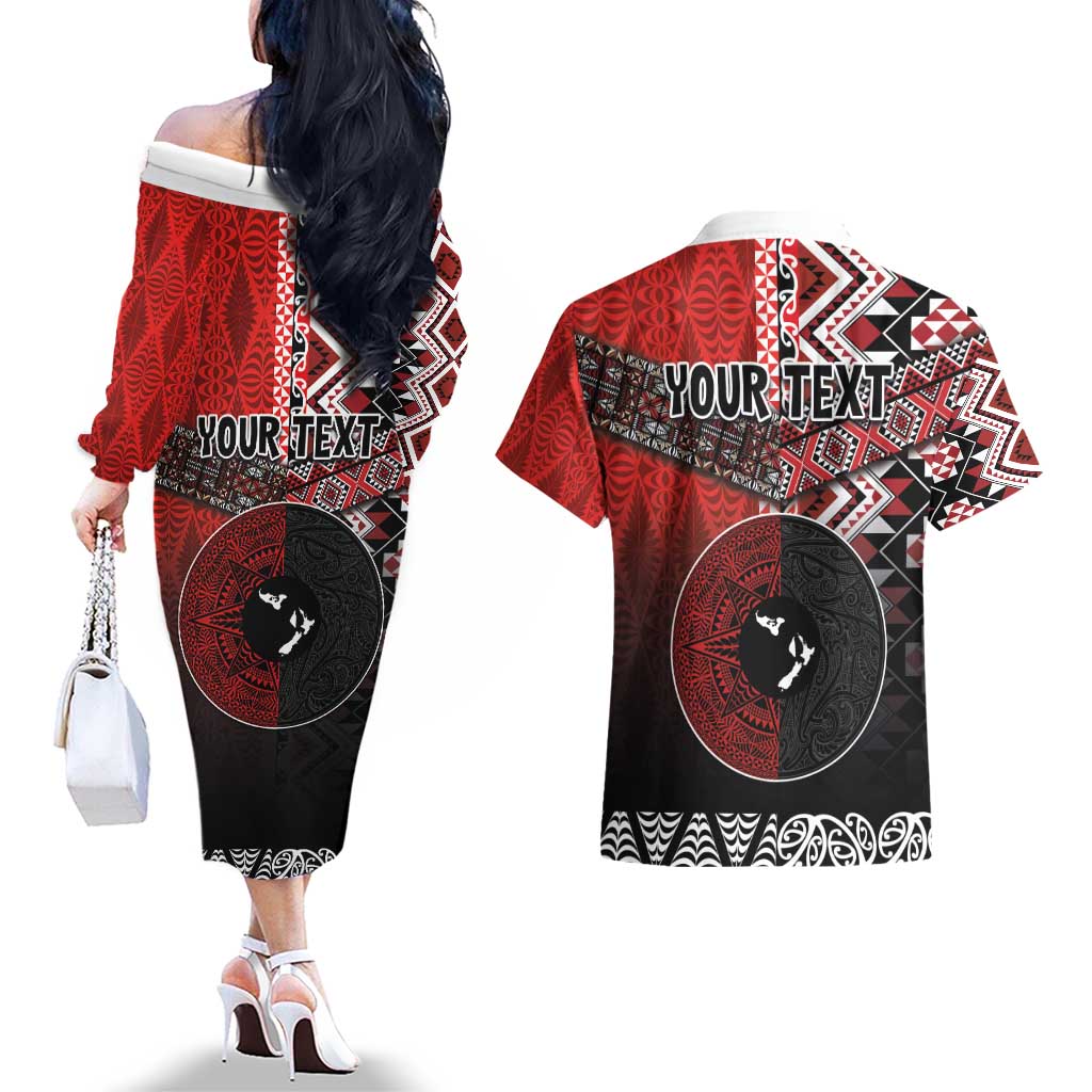 Personalised Aotearoa and Tonga Together Couples Matching Off The Shoulder Long Sleeve Dress and Hawaiian Shirt Manaia and Tongan Tribal Cross - Taniko and Ngatu Art Tattoo LT03 - Polynesian Pride