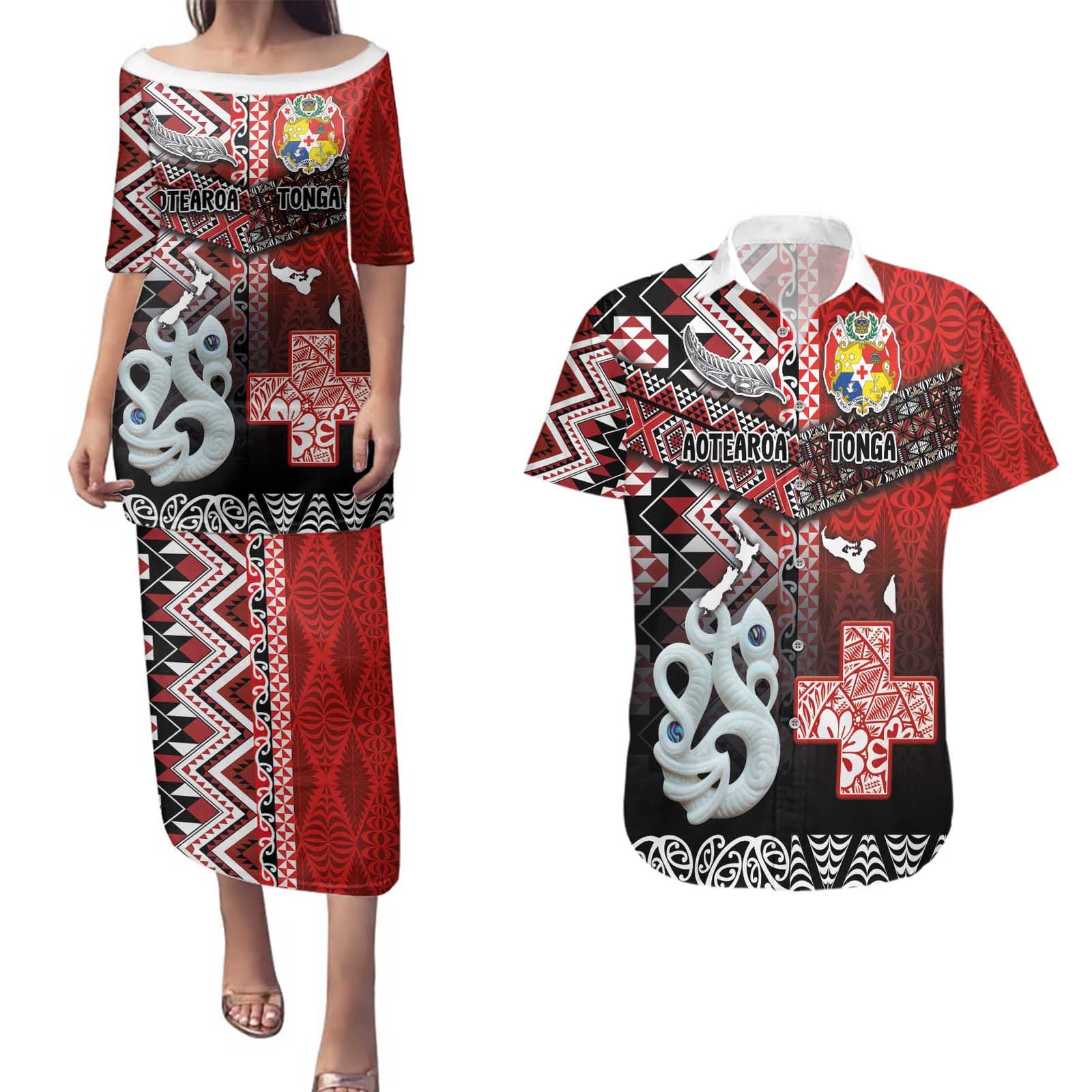 Personalised Aotearoa and Tonga Together Couples Matching Puletasi and Hawaiian Shirt Manaia and Tongan Tribal Cross - Taniko and Ngatu Art Tattoo