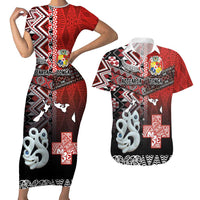 Personalised Aotearoa and Tonga Together Couples Matching Short Sleeve Bodycon Dress and Hawaiian Shirt Manaia and Tongan Tribal Cross - Taniko and Ngatu Art Tattoo LT03 Red - Polynesian Pride