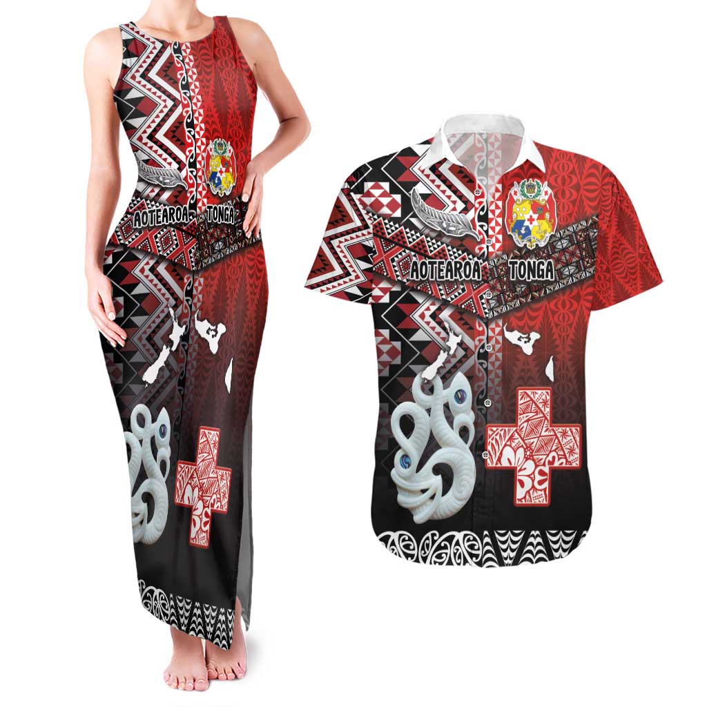 Personalised Aotearoa and Tonga Together Couples Matching Tank Maxi Dress and Hawaiian Shirt Manaia and Tongan Tribal Cross - Taniko and Ngatu Art Tattoo LT03 Red - Polynesian Pride