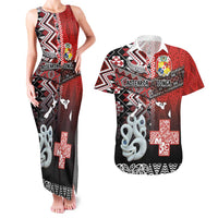 Personalised Aotearoa and Tonga Together Couples Matching Tank Maxi Dress and Hawaiian Shirt Manaia and Tongan Tribal Cross - Taniko and Ngatu Art Tattoo LT03 Red - Polynesian Pride