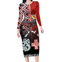 Personalised Aotearoa and Tonga Together Family Matching Long Sleeve Bodycon Dress and Hawaiian Shirt Manaia and Tongan Tribal Cross - Taniko and Ngatu Art Tattoo