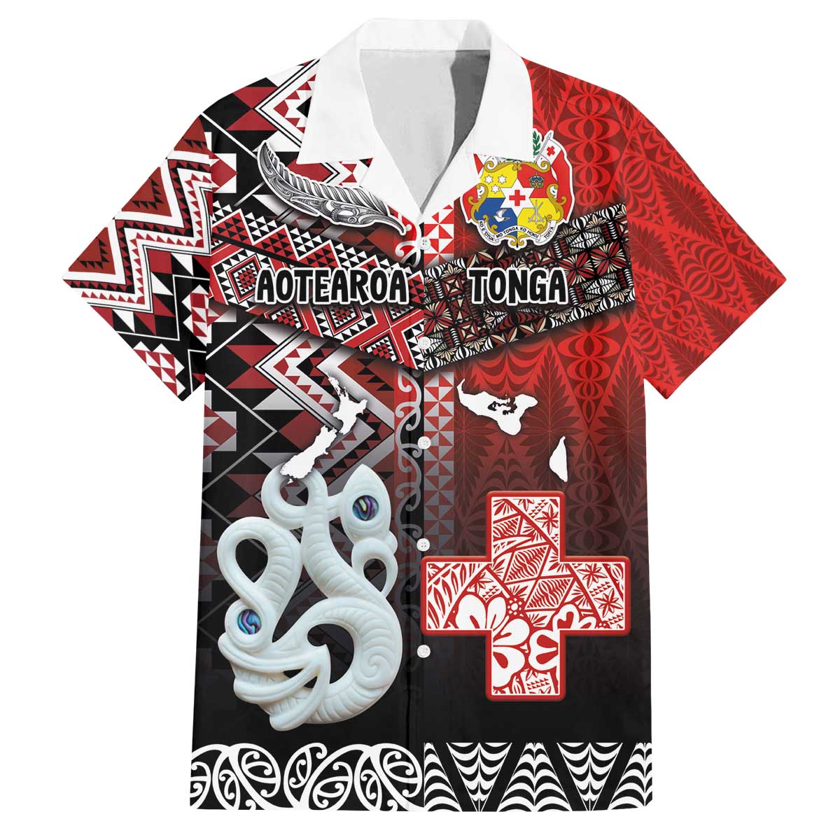 Personalised Aotearoa and Tonga Together Family Matching Off The Shoulder Long Sleeve Dress and Hawaiian Shirt Manaia and Tongan Tribal Cross - Taniko and Ngatu Art Tattoo