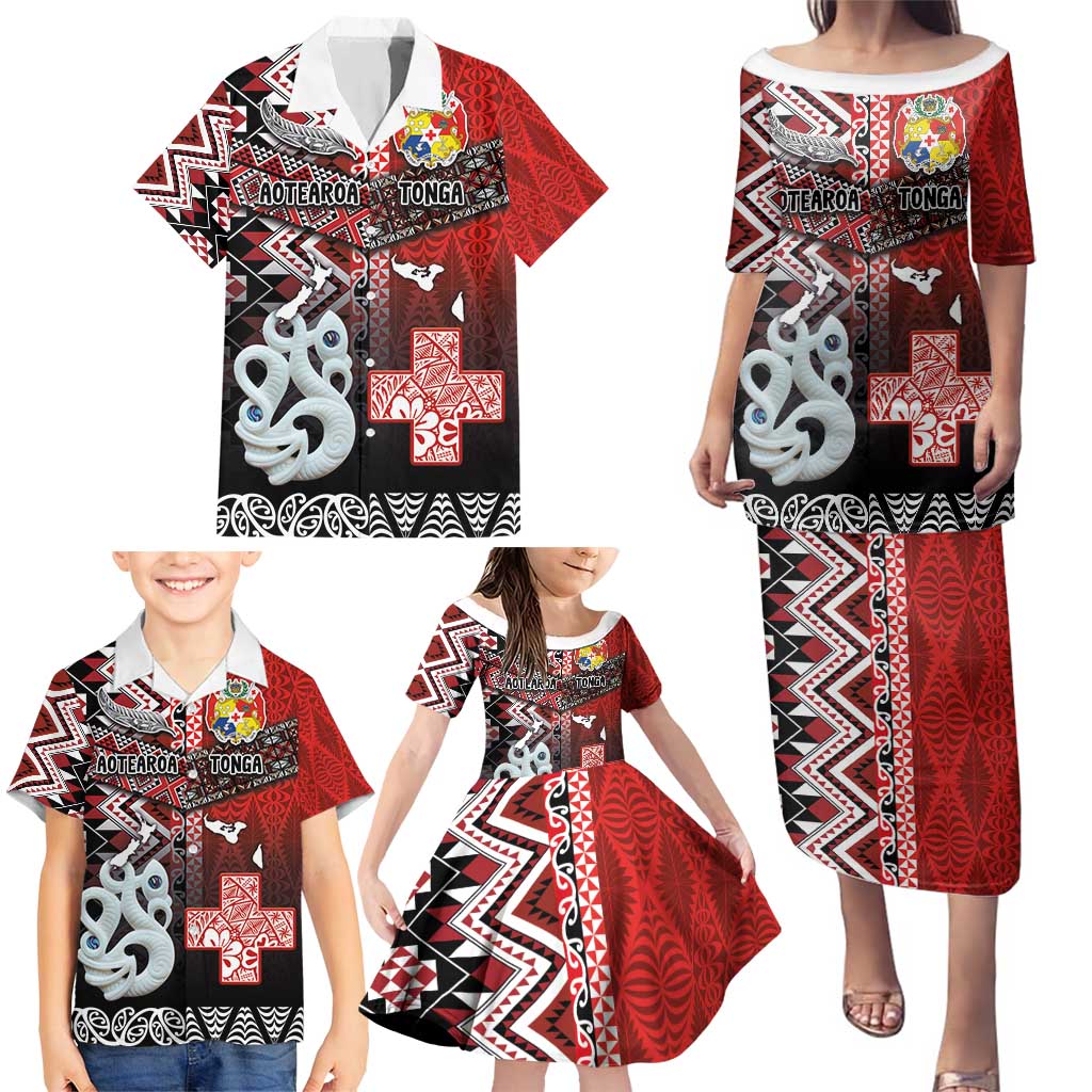 Personalised Aotearoa and Tonga Together Family Matching Puletasi and Hawaiian Shirt Manaia and Tongan Tribal Cross - Taniko and Ngatu Art Tattoo