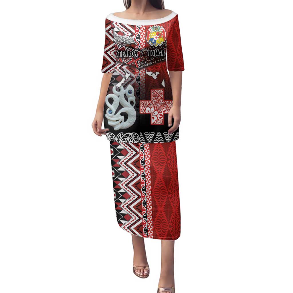 Personalised Aotearoa and Tonga Together Family Matching Puletasi and Hawaiian Shirt Manaia and Tongan Tribal Cross - Taniko and Ngatu Art Tattoo