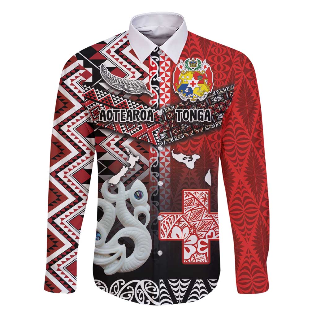 Personalised Aotearoa and Tonga Together Family Matching Short Sleeve Bodycon Dress and Hawaiian Shirt Manaia and Tongan Tribal Cross - Taniko and Ngatu Art Tattoo