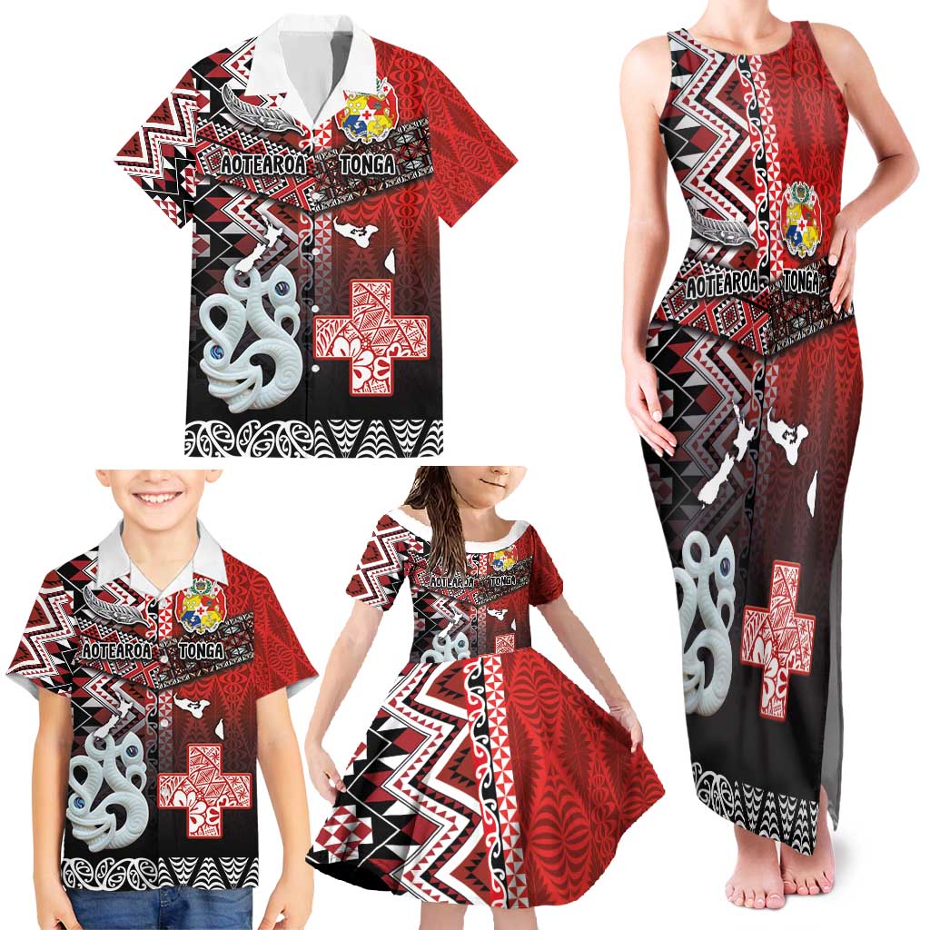 Personalised Aotearoa and Tonga Together Family Matching Tank Maxi Dress and Hawaiian Shirt Manaia and Tongan Tribal Cross - Taniko and Ngatu Art Tattoo