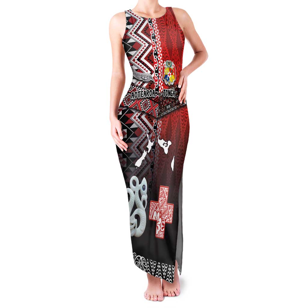 Personalised Aotearoa and Tonga Together Family Matching Tank Maxi Dress and Hawaiian Shirt Manaia and Tongan Tribal Cross - Taniko and Ngatu Art Tattoo