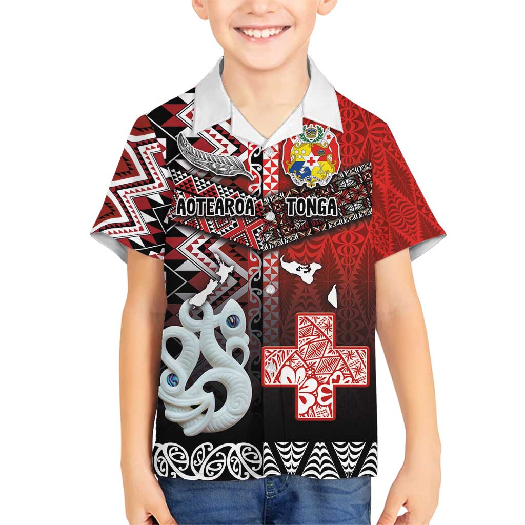 Personalised Aotearoa and Tonga Together Family Matching Tank Maxi Dress and Hawaiian Shirt Manaia and Tongan Tribal Cross - Taniko and Ngatu Art Tattoo