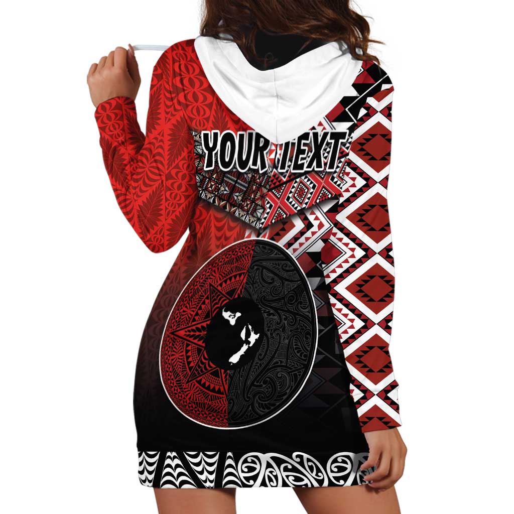 Personalised Aotearoa and Tonga Together Hoodie Dress Manaia and Tongan Tribal Cross - Taniko and Ngatu Art Tattoo