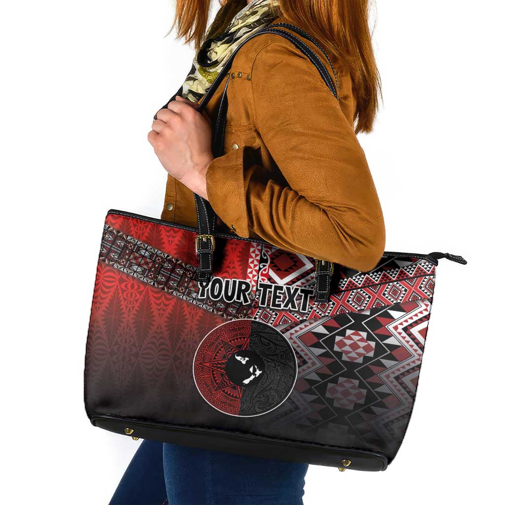 Personalised Aotearoa and Tonga Together Leather Tote Bag Manaia and Tongan Tribal Cross - Taniko and Ngatu Art Tattoo