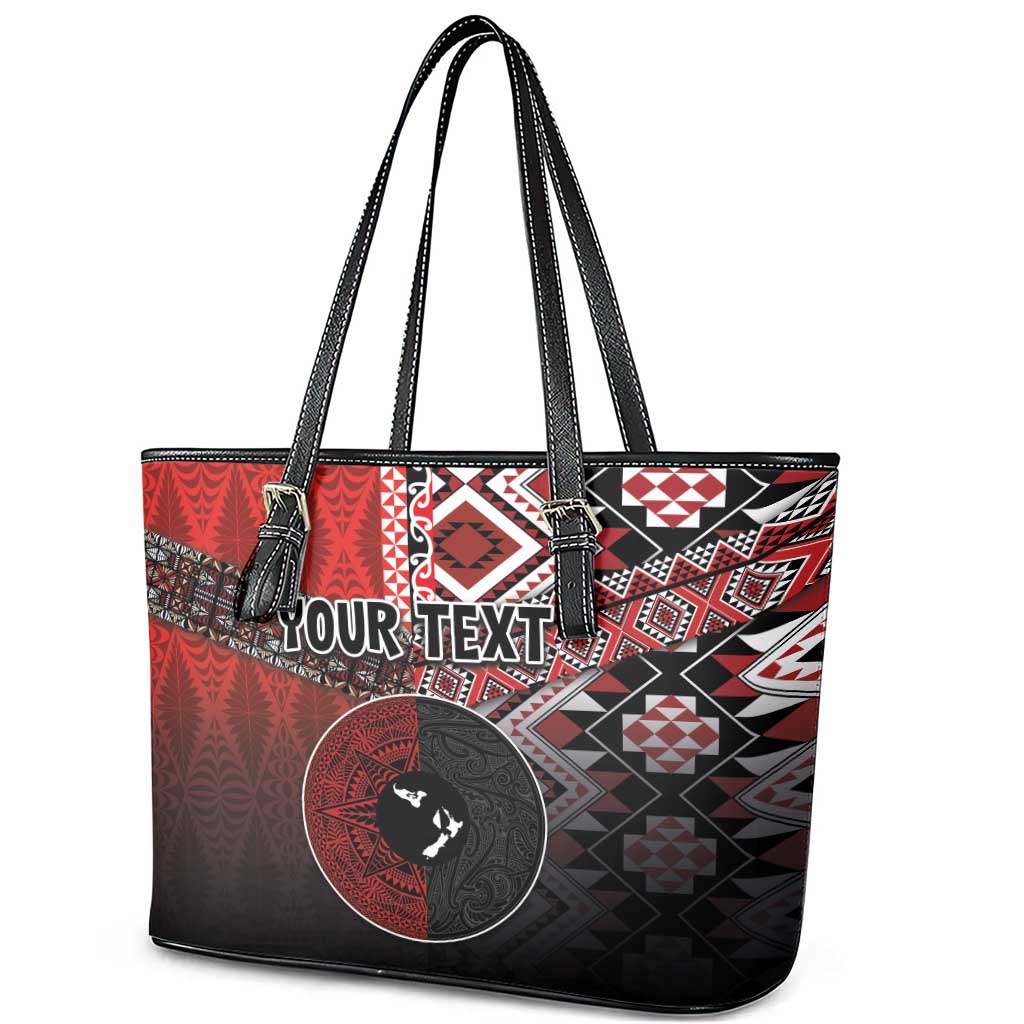 Personalised Aotearoa and Tonga Together Leather Tote Bag Manaia and Tongan Tribal Cross - Taniko and Ngatu Art Tattoo