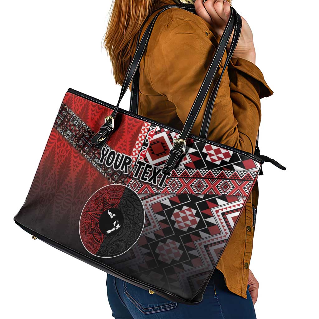 Personalised Aotearoa and Tonga Together Leather Tote Bag Manaia and Tongan Tribal Cross - Taniko and Ngatu Art Tattoo