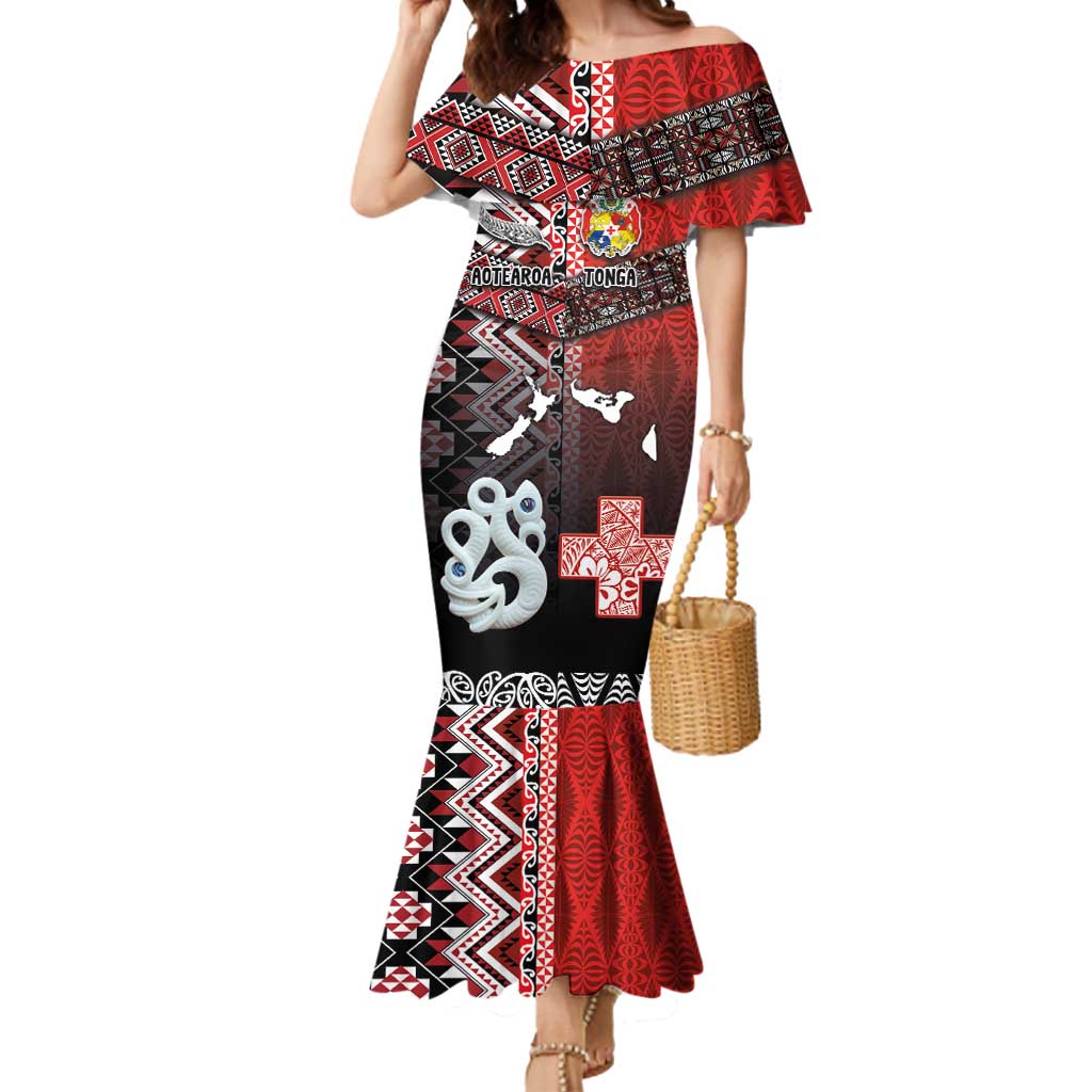 Personalised Aotearoa and Tonga Together Mermaid Dress Manaia and Tongan Tribal Cross - Taniko and Ngatu Art Tattoo