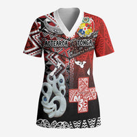 Personalised Aotearoa and Tonga Together Scrub Top Manaia and Tongan Tribal Cross - Taniko and Ngatu Art Tattoo - Polynesian Pride