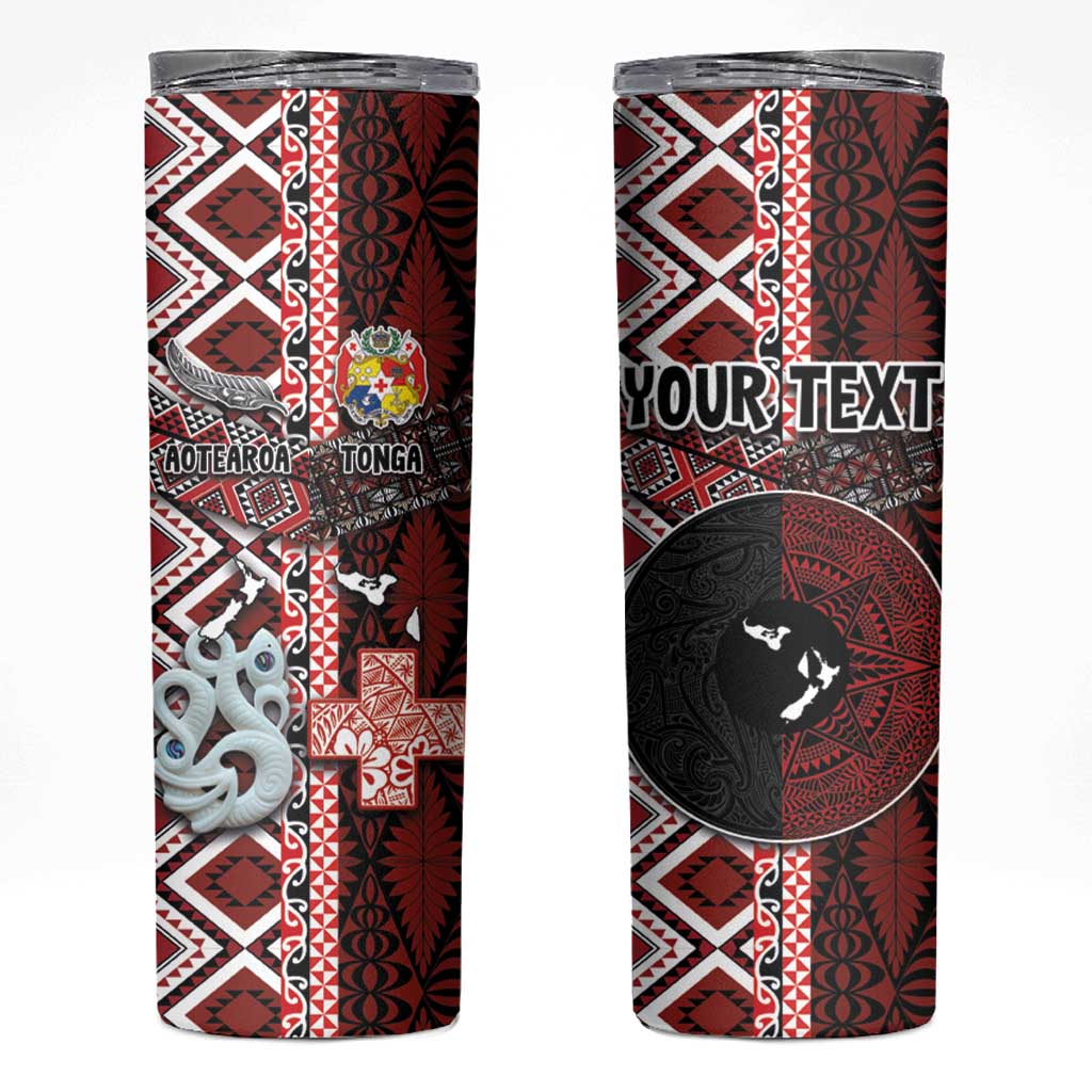Personalised Aotearoa and Tonga Together Skinny Tumbler Manaia and Tongan Tribal Cross - Taniko and Ngatu Art Tattoo