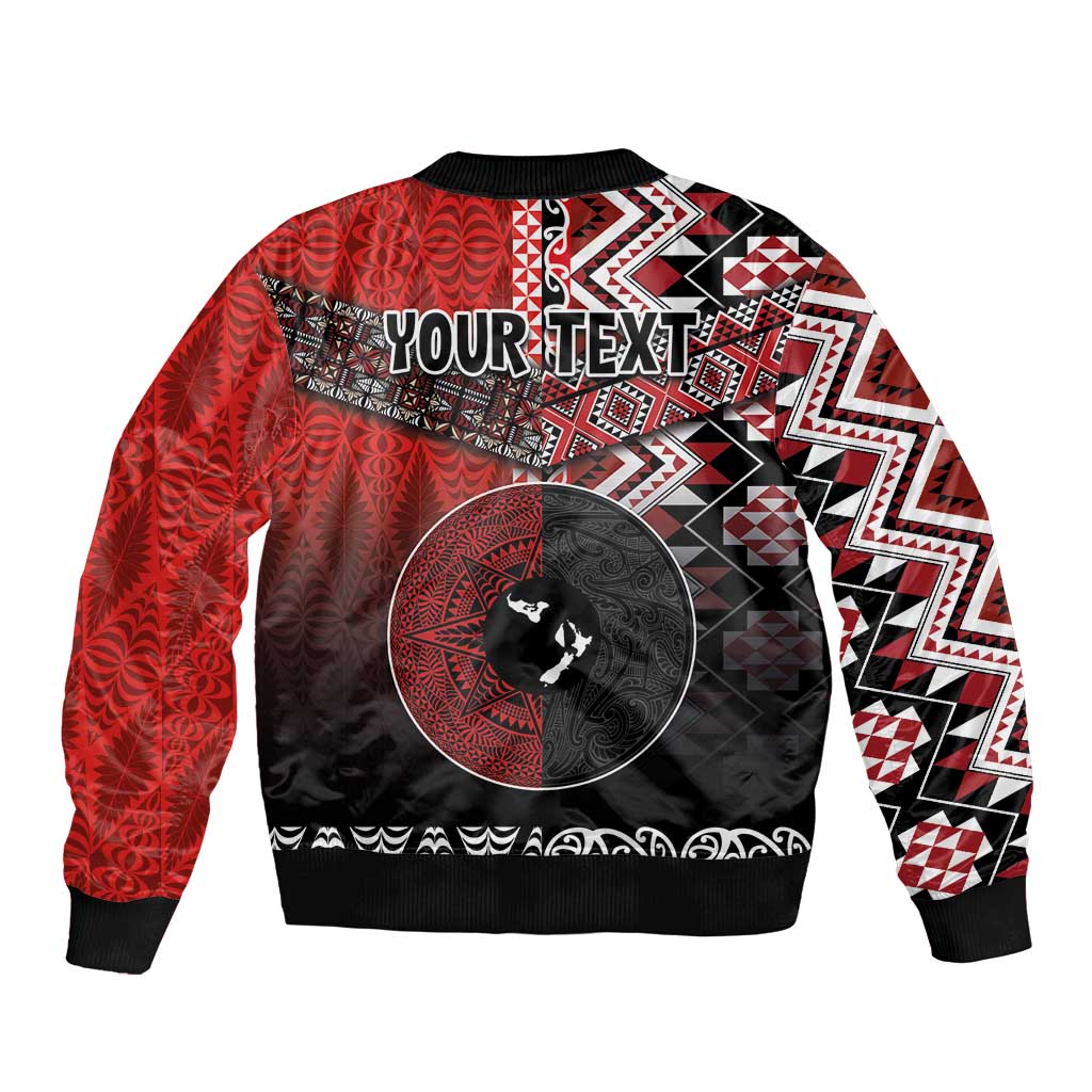 Personalised Aotearoa and Tonga Together Sleeve Zip Bomber Jacket Manaia and Tongan Tribal Cross - Taniko and Ngatu Art Tattoo