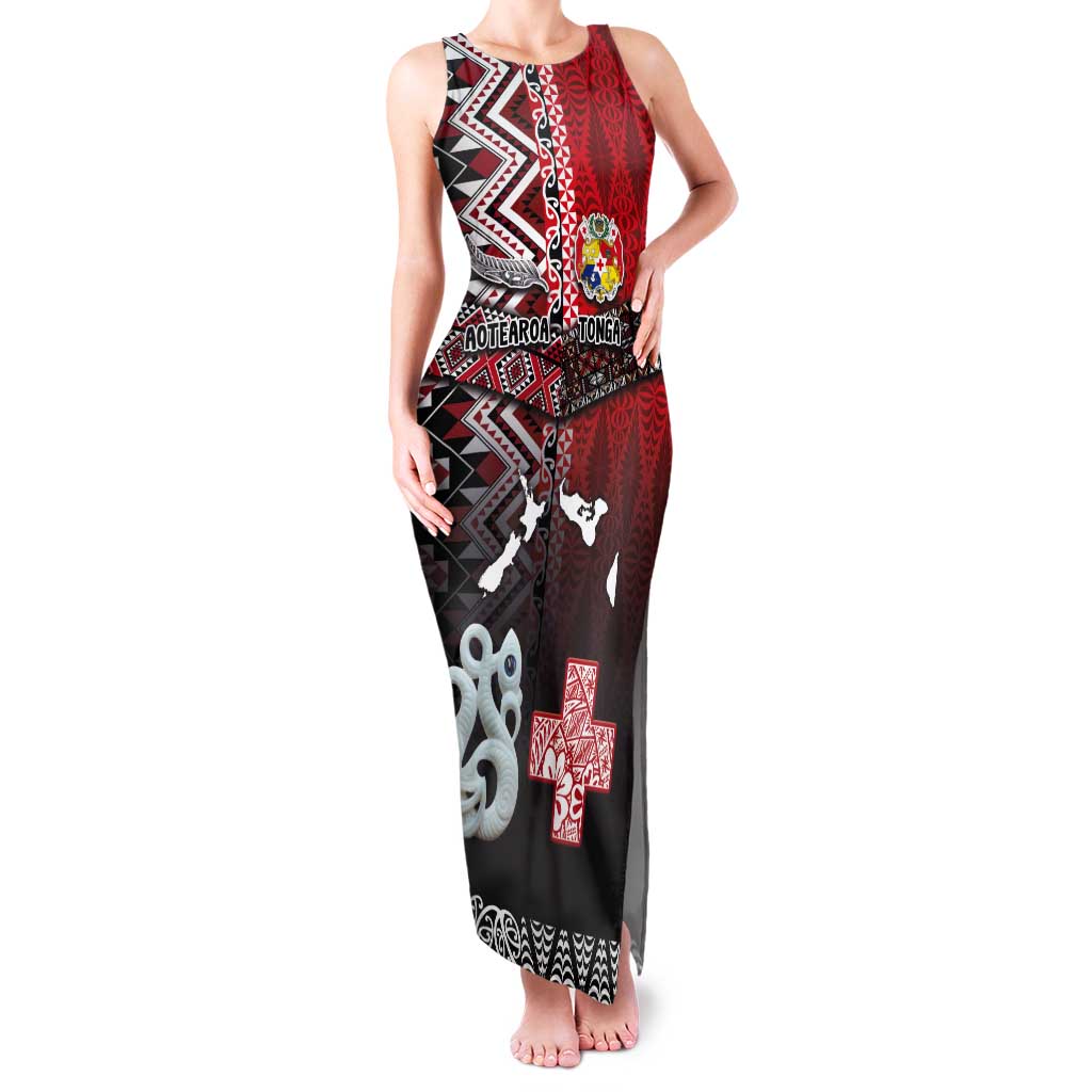 Personalised Aotearoa and Tonga Together Tank Maxi Dress Manaia and Tongan Tribal Cross - Taniko and Ngatu Art Tattoo