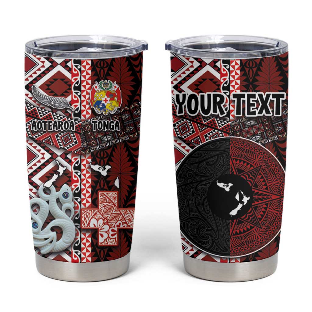 Personalised Aotearoa and Tonga Together Tumbler Cup Manaia and Tongan Tribal Cross - Taniko and Ngatu Art Tattoo