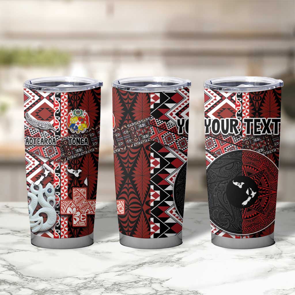 Personalised Aotearoa and Tonga Together Tumbler Cup Manaia and Tongan Tribal Cross - Taniko and Ngatu Art Tattoo