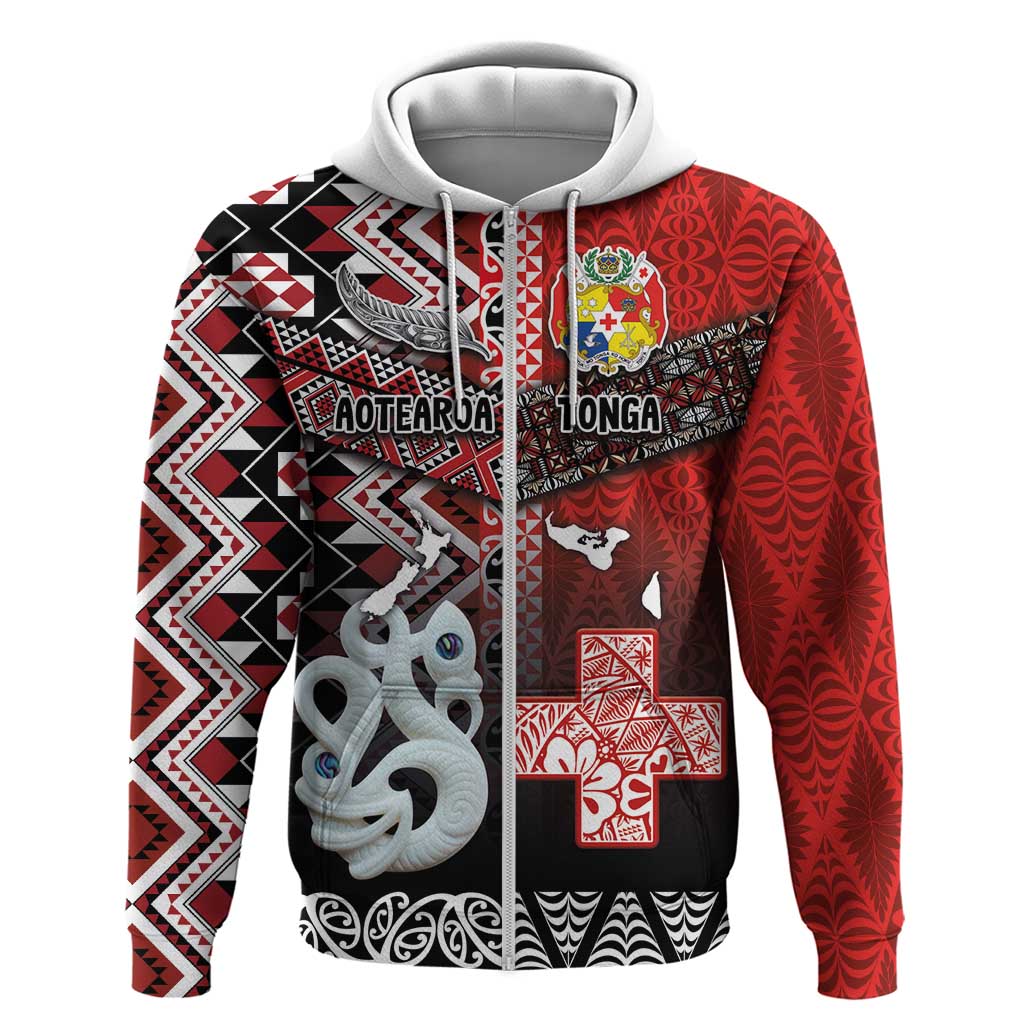 Personalised Aotearoa and Tonga Together Zip Hoodie Manaia and Tongan Tribal Cross - Taniko and Ngatu Art Tattoo
