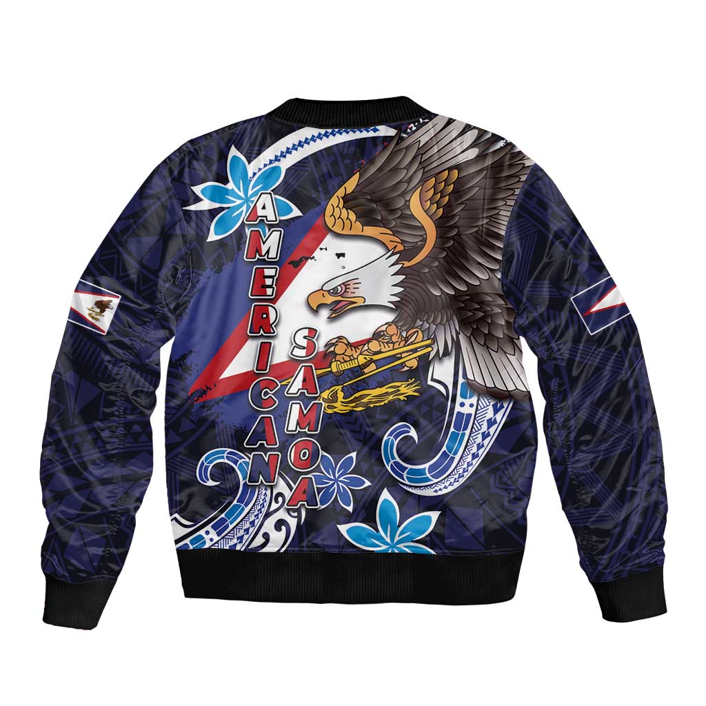 American Samoa Flag Day Bomber Jacket Bald Eagle with Uatogi and Fue - Polynesian and Floral Tribal Tattoo