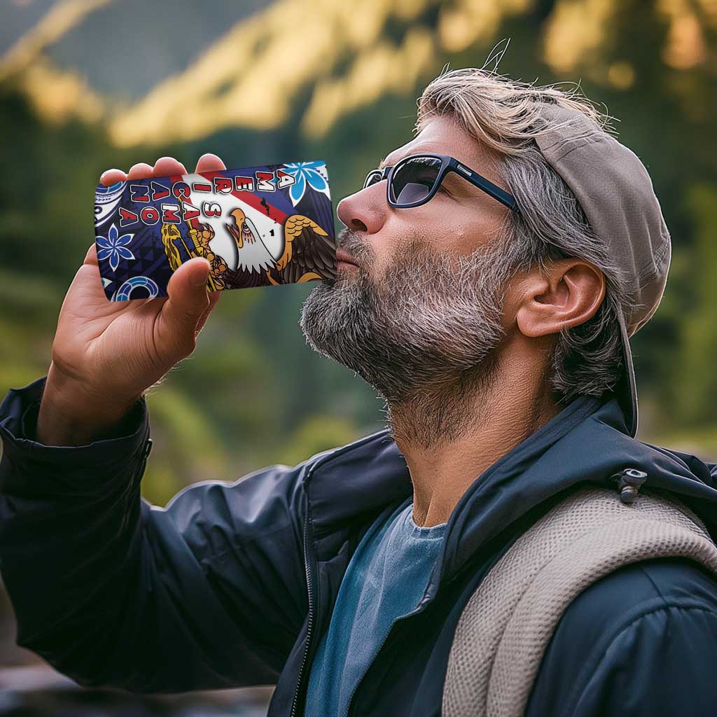 American Samoa Flag Day 4 in 1 Can Cooler Tumbler Bald Eagle with Uatogi and Fue - Polynesian and Floral Tribal Tattoo