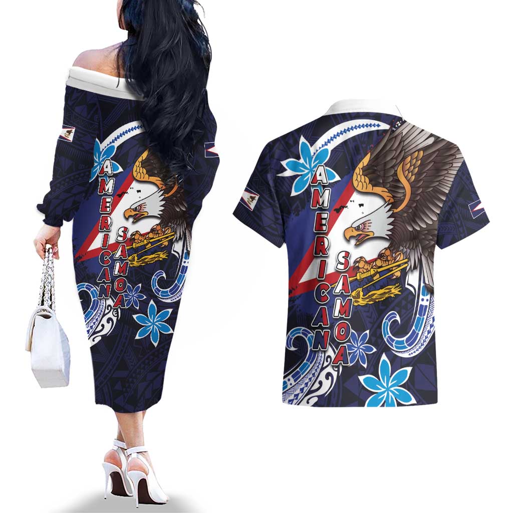 American Samoa Flag Day Couples Matching Off The Shoulder Long Sleeve Dress and Hawaiian Shirt Bald Eagle with Uatogi and Fue - Polynesian and Floral Tribal Tattoo