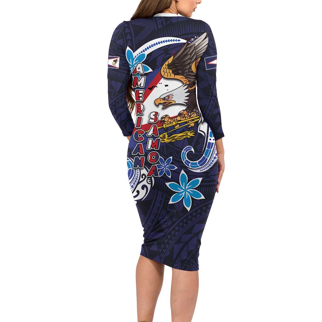 American Samoa Flag Day Family Matching Long Sleeve Bodycon Dress and Hawaiian Shirt Bald Eagle with Uatogi and Fue - Polynesian and Floral Tribal Tattoo