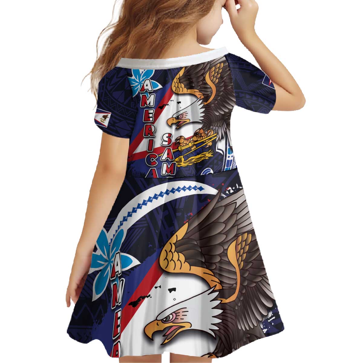 American Samoa Flag Day Family Matching Off The Shoulder Long Sleeve Dress and Hawaiian Shirt Bald Eagle with Uatogi and Fue - Polynesian and Floral Tribal Tattoo