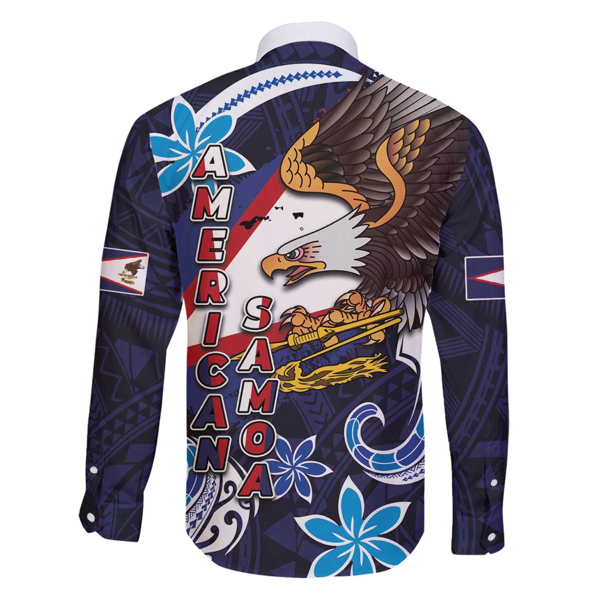 American Samoa Flag Day Family Matching Off The Shoulder Long Sleeve Dress and Hawaiian Shirt Bald Eagle with Uatogi and Fue - Polynesian and Floral Tribal Tattoo