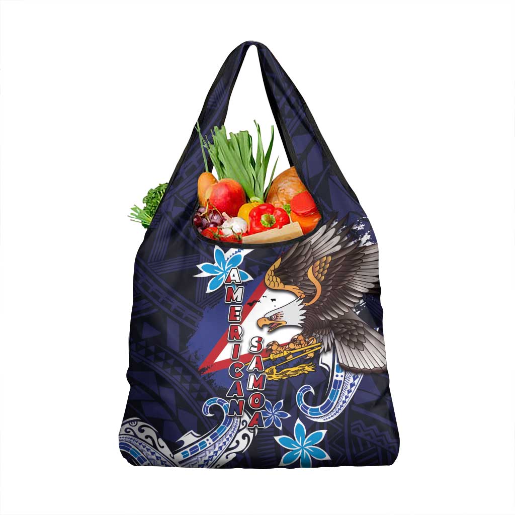 American Samoa Flag Day Grocery Bag Bald Eagle with Uatogi and Fue - Polynesian and Floral Tribal Tattoo