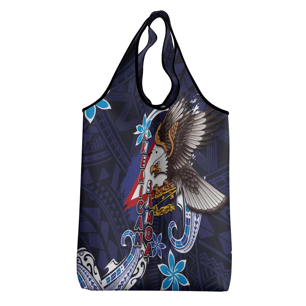 American Samoa Flag Day Grocery Bag Bald Eagle with Uatogi and Fue - Polynesian and Floral Tribal Tattoo