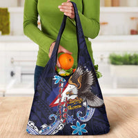 American Samoa Flag Day Grocery Bag Bald Eagle with Uatogi and Fue - Polynesian and Floral Tribal Tattoo