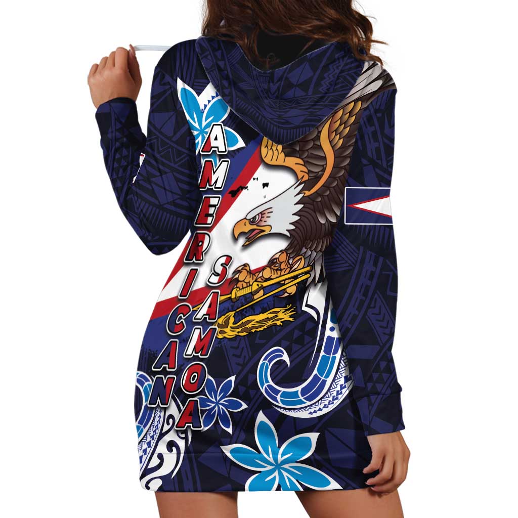 American Samoa Flag Day Hoodie Dress Bald Eagle with Uatogi and Fue - Polynesian and Floral Tribal Tattoo