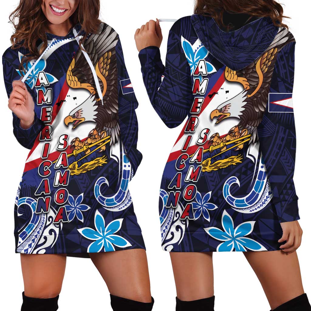 American Samoa Flag Day Hoodie Dress Bald Eagle with Uatogi and Fue - Polynesian and Floral Tribal Tattoo