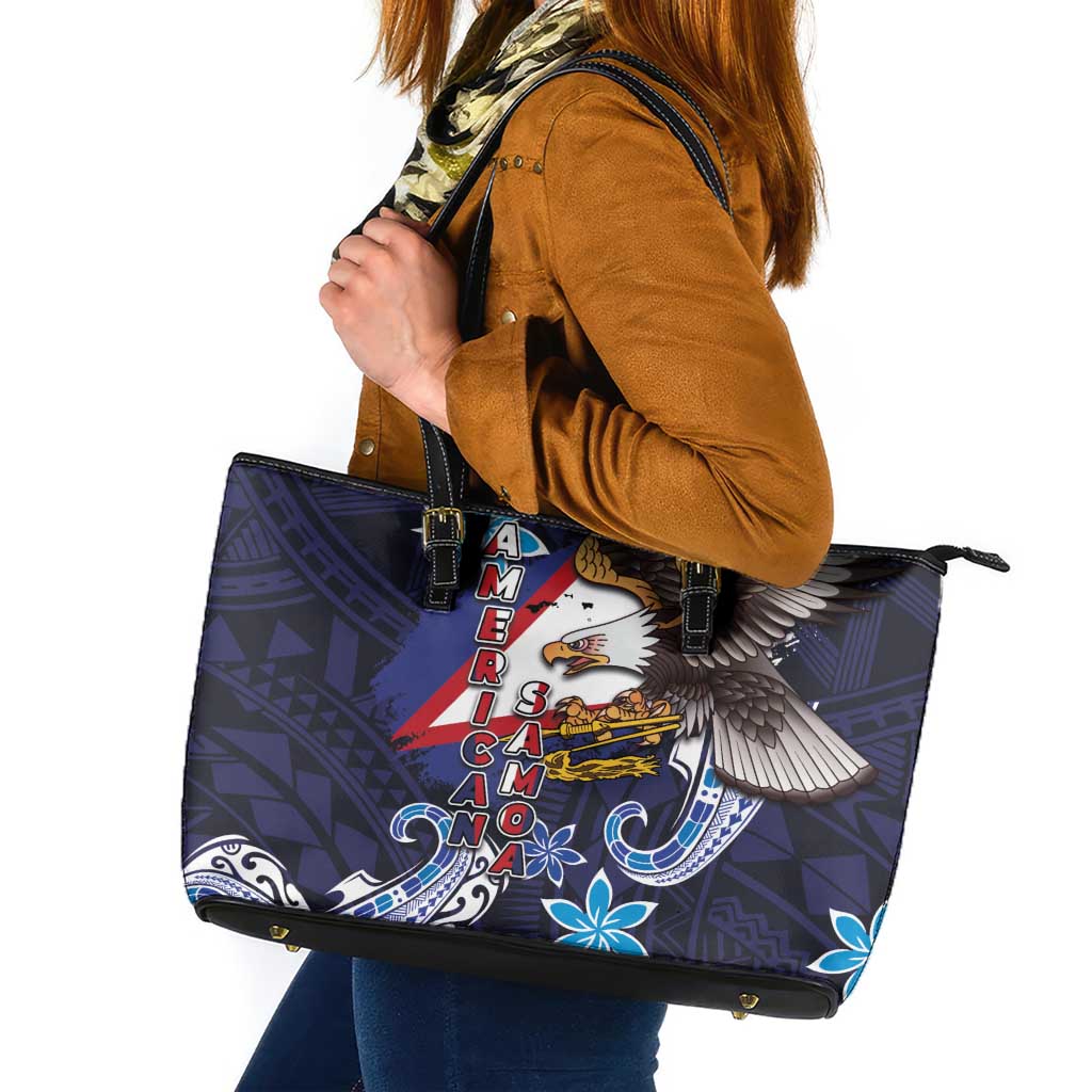 American Samoa Flag Day Leather Tote Bag Bald Eagle with Uatogi and Fue - Polynesian and Floral Tribal Tattoo