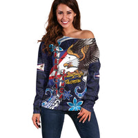 American Samoa Flag Day Off Shoulder Sweater Bald Eagle with Uatogi and Fue - Polynesian and Floral Tribal Tattoo