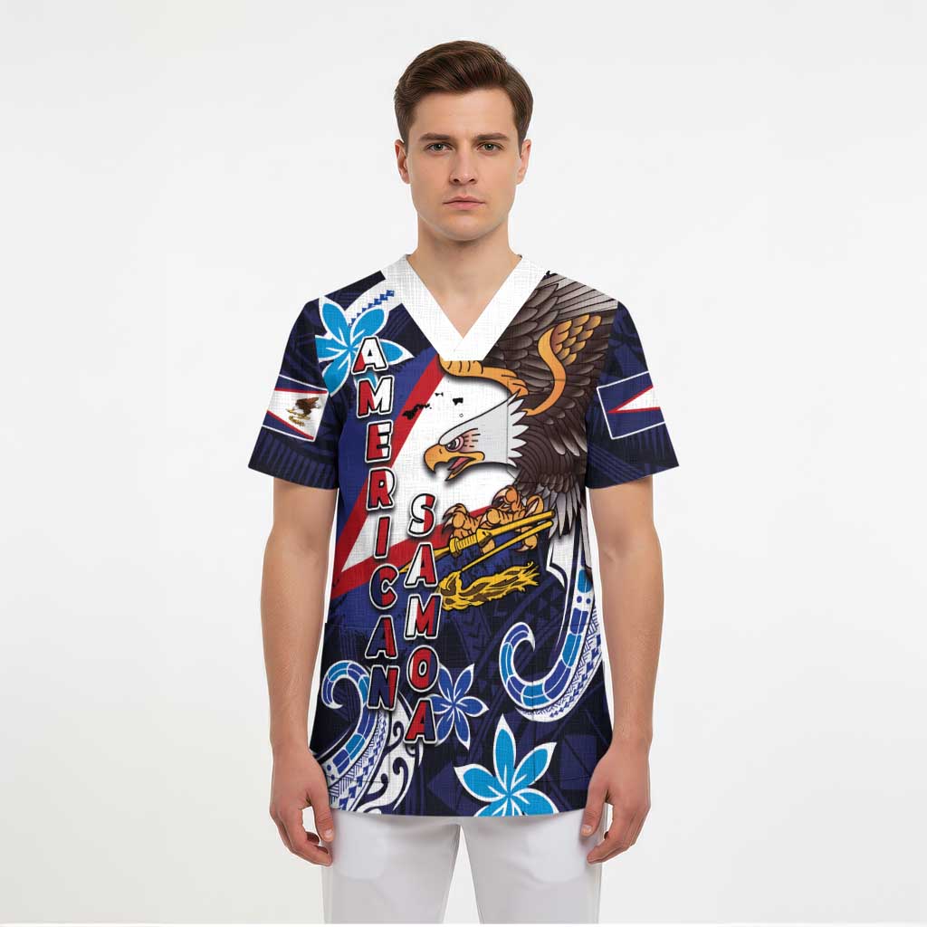 American Samoa Flag Day Scrub Top Bald Eagle with Uatogi and Fue - Polynesian and Floral Tribal Tattoo - Polynesian Pride