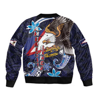 American Samoa Flag Day Sleeve Zip Bomber Jacket Bald Eagle with Uatogi and Fue - Polynesian and Floral Tribal Tattoo