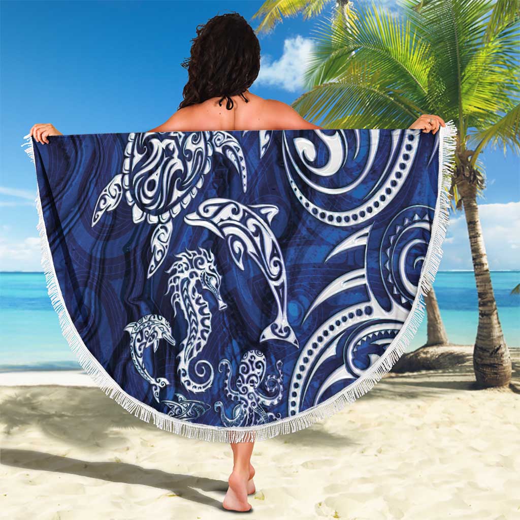 New Zealand Connecting with Seas Beach Blanket Maori Tribal and Sea Animals Tattoo - White Glass Style