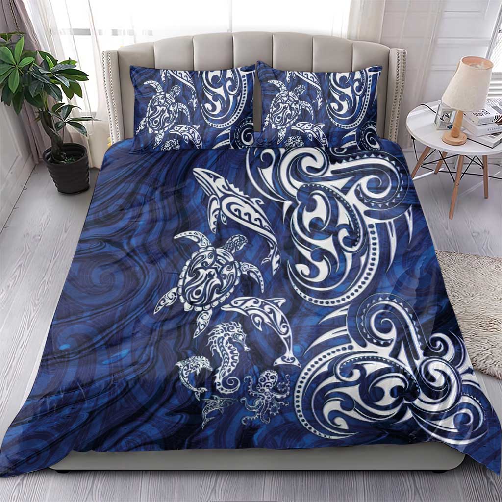 New Zealand Connecting with Seas Bedding Set Maori Tribal and Sea Animals Tattoo - White Glass Style