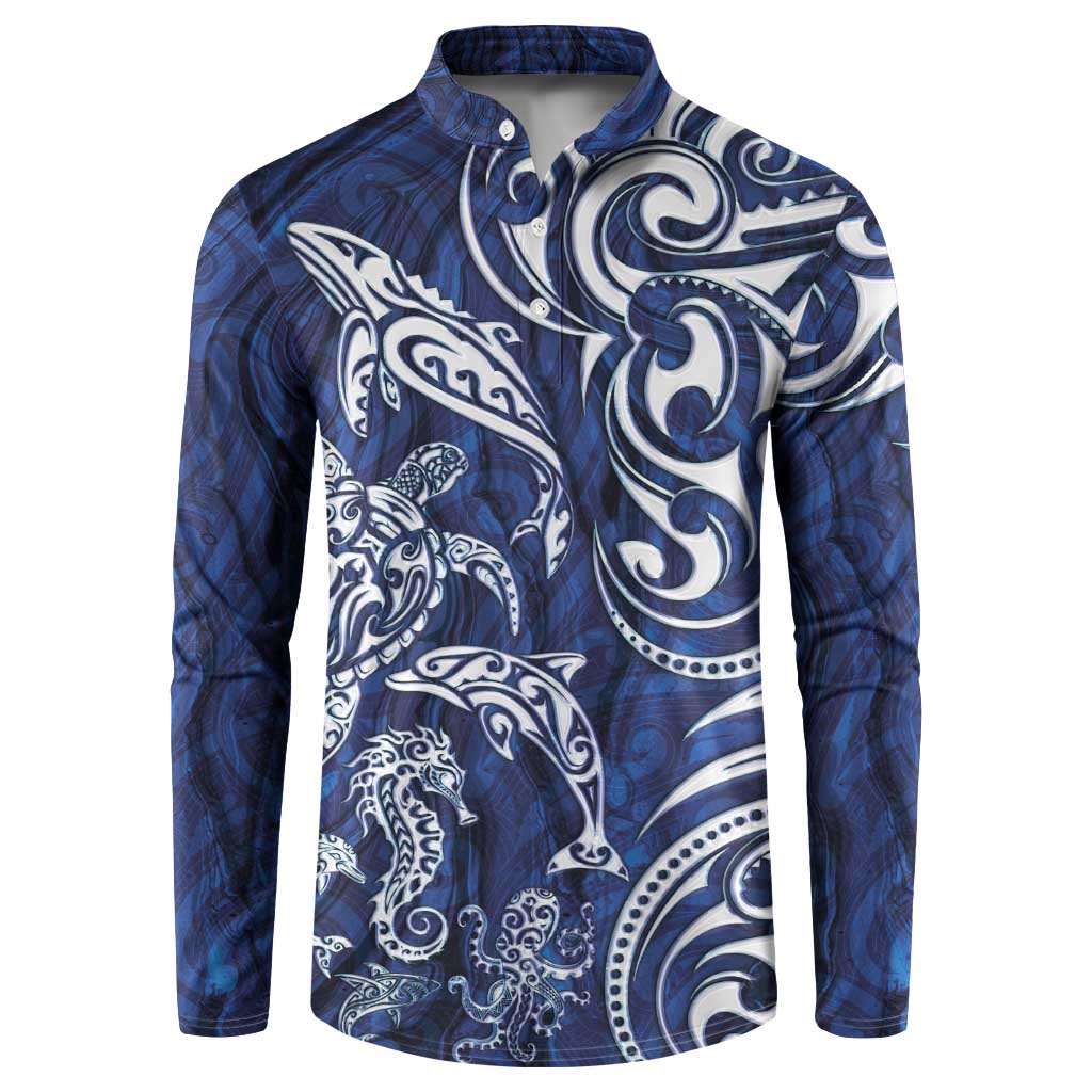 New Zealand Connecting with Seas Button Sweatshirt Maori Tribal and Sea Animals Tattoo - White Glass Style